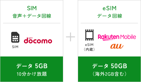 SIM音声＋データ回線 データ 5GB10分かけ放題+eSIMデータ回線 データ 50GB（海外2GB含む）